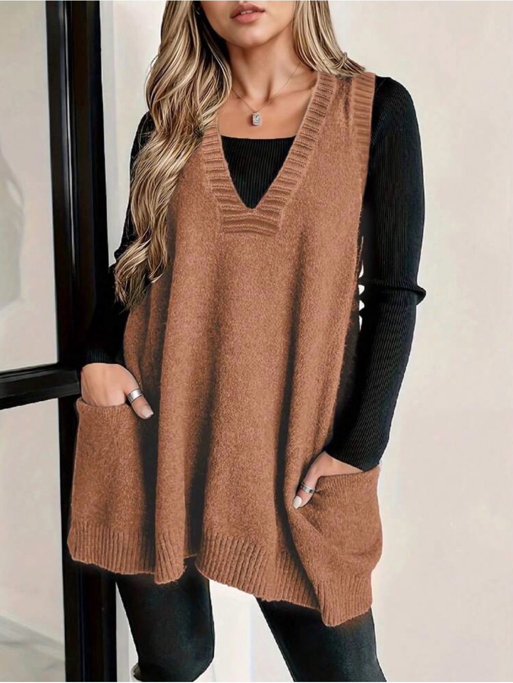 Rust Brown V-Neck Pocket Long Sweater Vest - Women